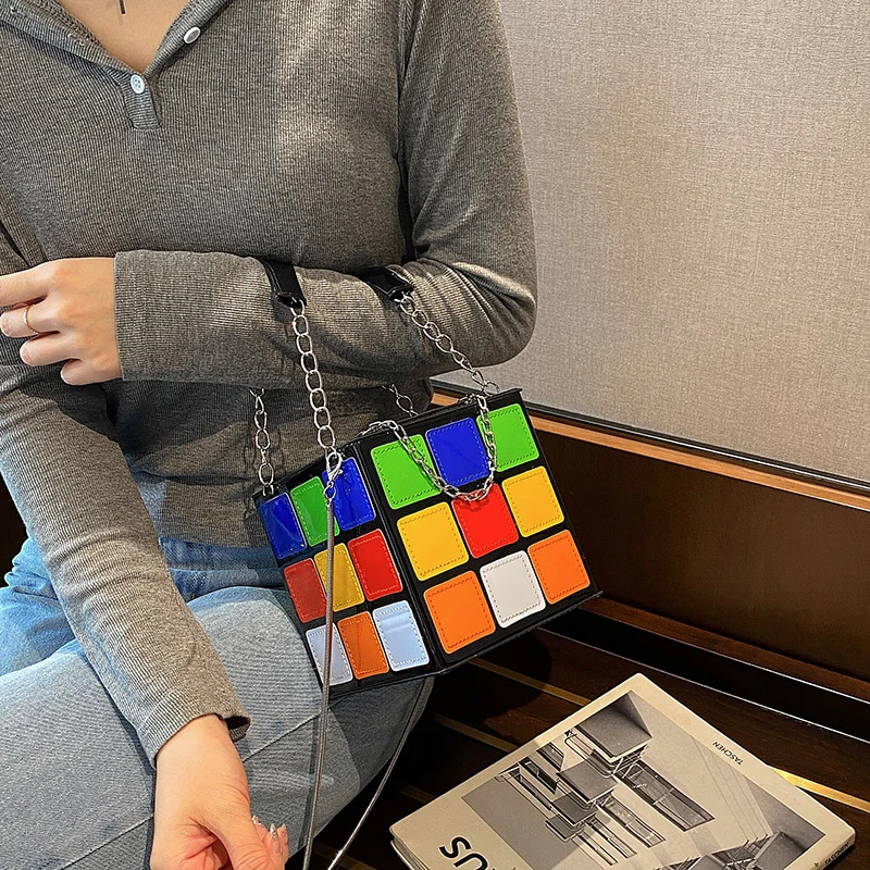 

Маленькие сумочки для женщин, дизайн кубика Рубика, женский кошелек, квадратная сумочка, мини с металлической цепочкой, кожаная сумка через плечо