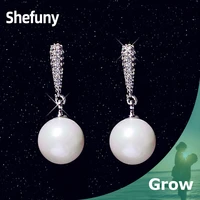 shefuny 925 sterling silver pearls stud earrings luxury white clear zirconia round shape earrings for women fine jewelry gift