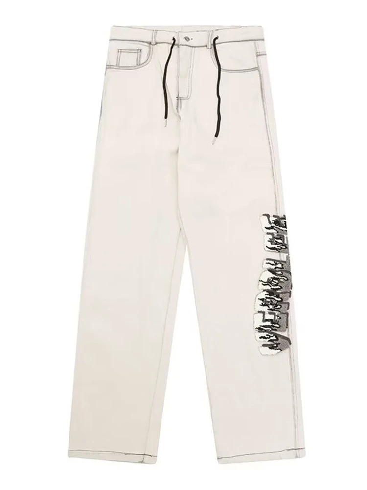 European and American Fashion Retro Flame Letters Men Baggy Jeans Women Y2K High Street Loose Straight Pants Trousers Denim