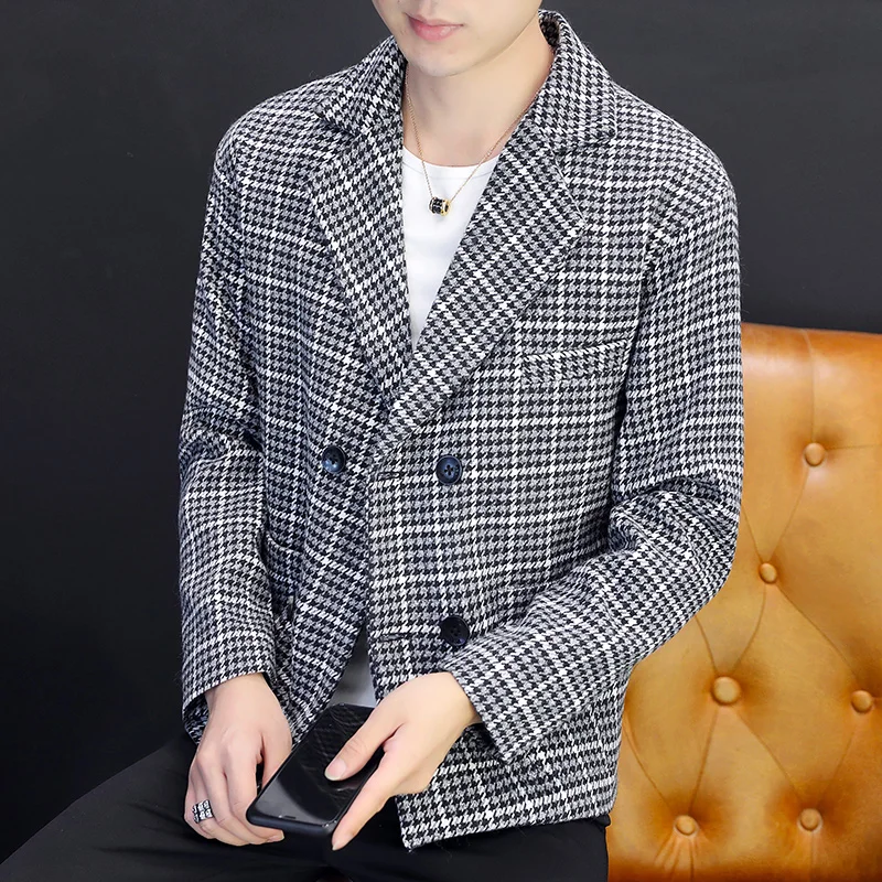

Мужской пиджак в Корейском стиле, повседневная приталенная куртка, двубортный Классический Клетчатый Блейзер, одежда для осени и зимы