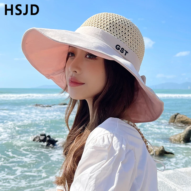 Шляпа от солнца с бантом и широкими полями женская складная пляжная Панама