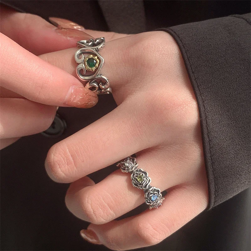 

Очаровательные Красочные полые розы, кольца из сплава с цветочным сердцем и цирконием для женщин и девушек, винтажные модные открытые кольца, ювелирные изделия, декоративные сетки, подарки