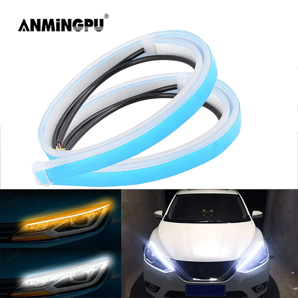 ANMINGPU-tira de luces LED DRL secuencial, luz de señal de giro, amarilla brillante, Flexible, Drl, luz diurna para faro de coche, 1 par