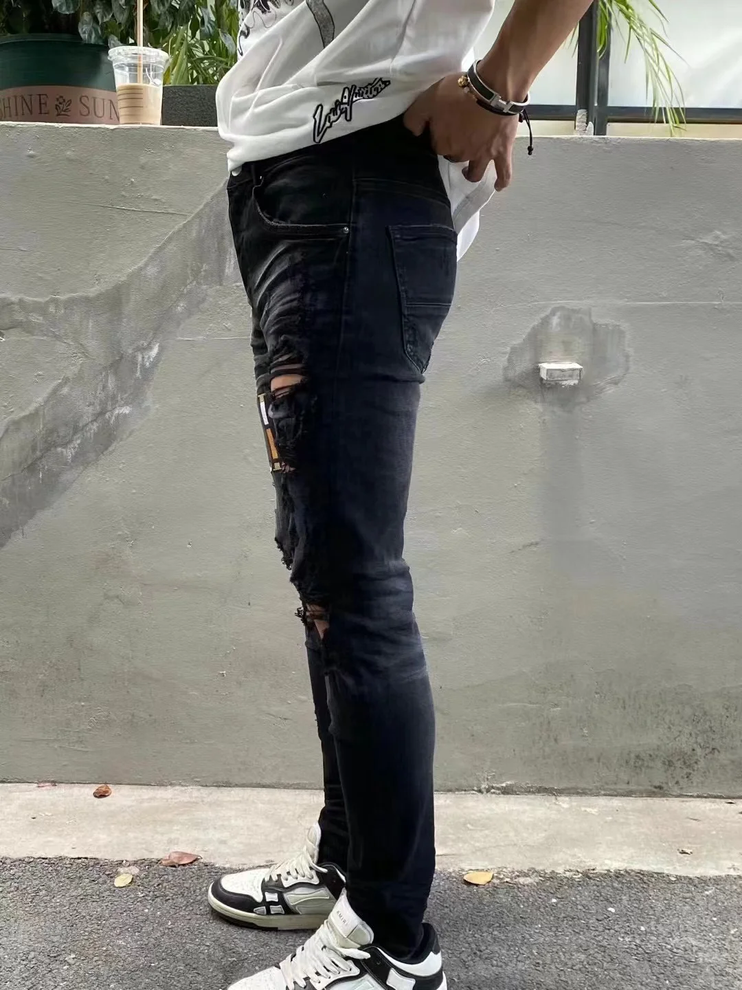 Leather Embroidered Word Art Jeans Men Hole Casual Slim Cotton Stretch Scratches Bleached Scraped Feet Pencil Pants Tight EH·MD®