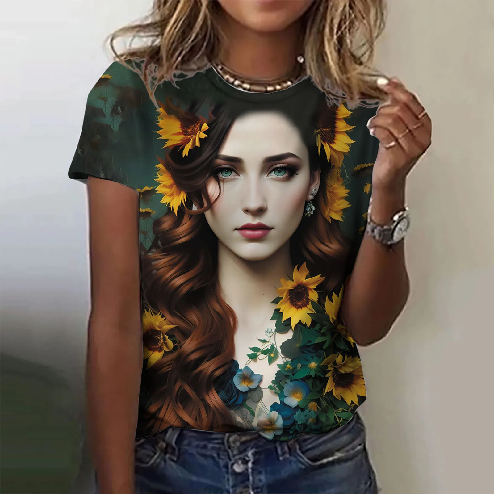 

Модная женская летняя футболка с коротким рукавом, повседневный топ с принтом подсолнуха, пуловер с милым забавным рисунком, футболки для девочек, свитер