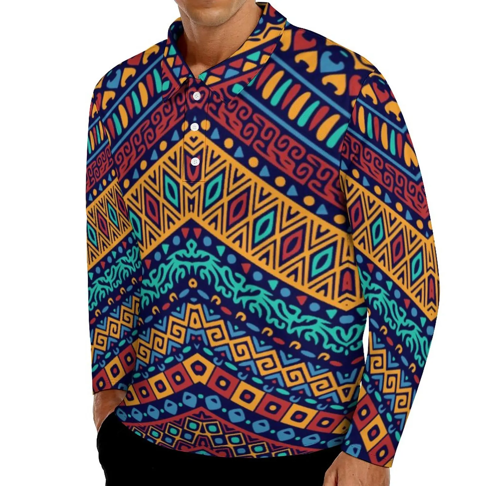 

Рубашка-поло в африканском стиле с длинным рукавом и отложным воротником