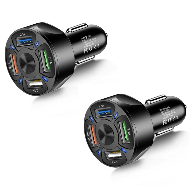 

4 in 1 QC 3.0 LED Car Charger Fast Adapter, Car 4 Port USB Mobile Phone Charger Illuminated for Samsung iPhone Tablet