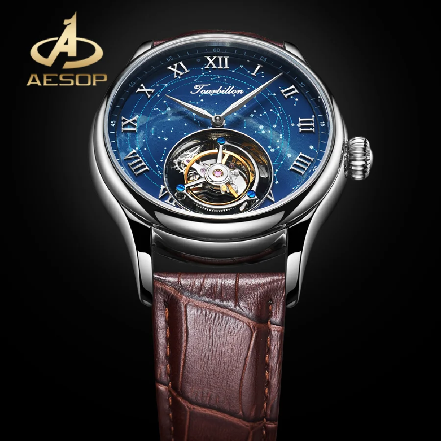 

AESOP Men's Mechanical Watches Waterproof Sapphire Glass Luxury Watch 42mm Original Manual Tourbillon Movement Man Wristwatch