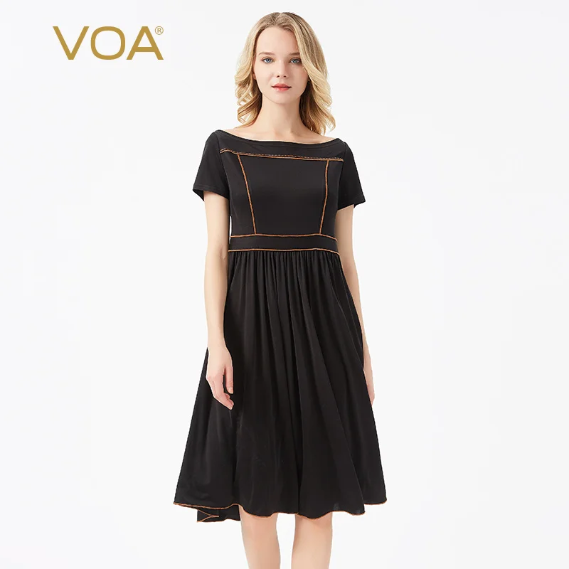 

(Clearance Sale)VOA Silk Heavyweight Double Sided Knitted Dresses Women One Line Neck Office Ladies Short Sleeve Silk Dress AE71