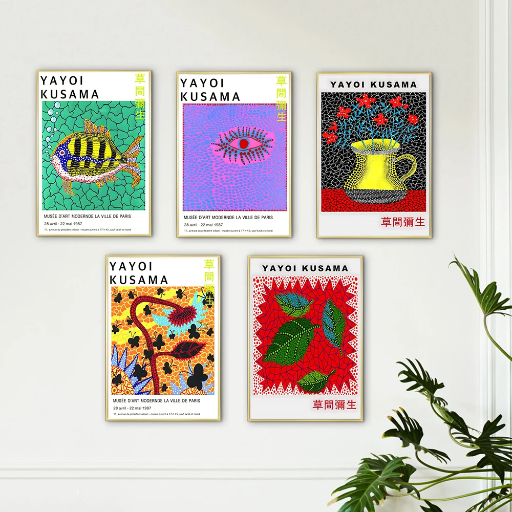 

Abstract YAYOI KUSAMA Famous Canvas Painting Poster Flower Fish Eye Plant Home Wall Art Multicolour Living Room Decor Pictures