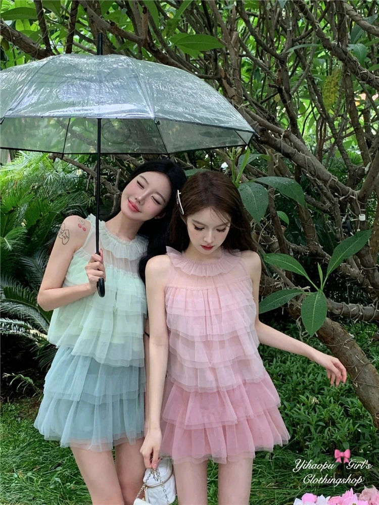 

Cake Skirt Set Ladies Sleeveless Mesh Shirt Women Summer Two Piece Set Skirt Pink Sweet Babes Chic Beautiful Shirts Short Top