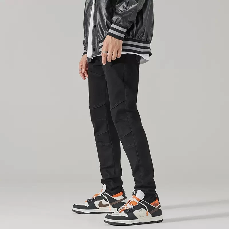 High Street Fashion Men Jeans Elastic Stretch Slim Fit Spliced Biker Jeans Men Black Punk Trousers Hip Hop Denim Pants Hombre
