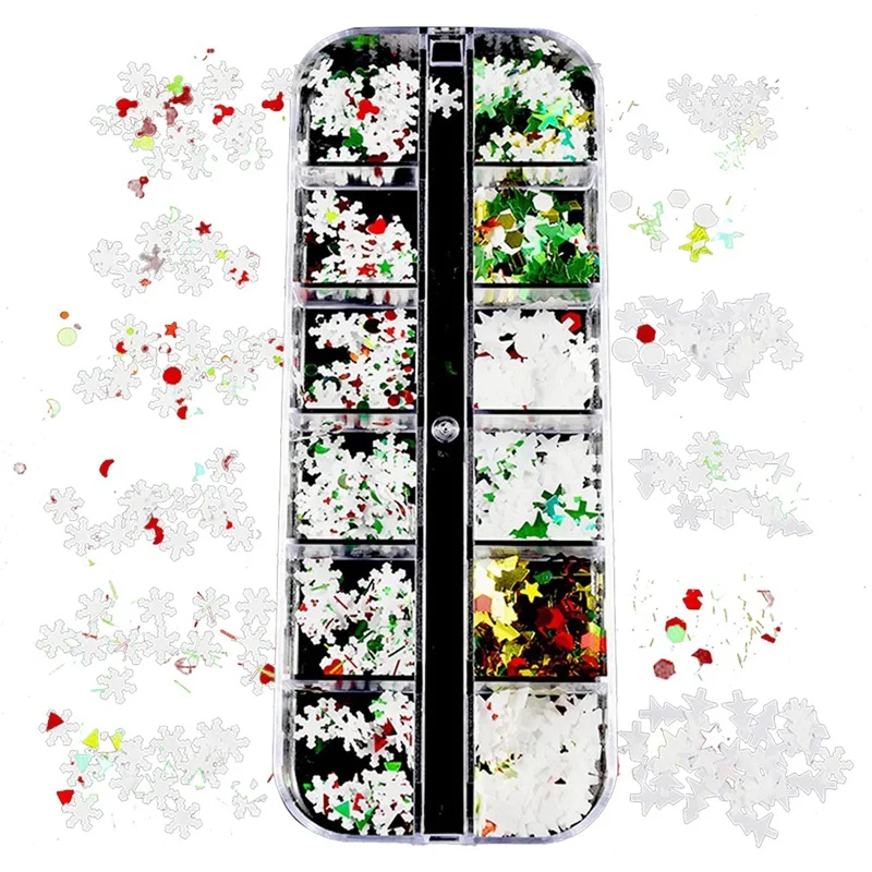

12 ячеек, снежинка, блестки для ногтей, художественные переводки, голографические рождественские блестки, украшения для ногтей