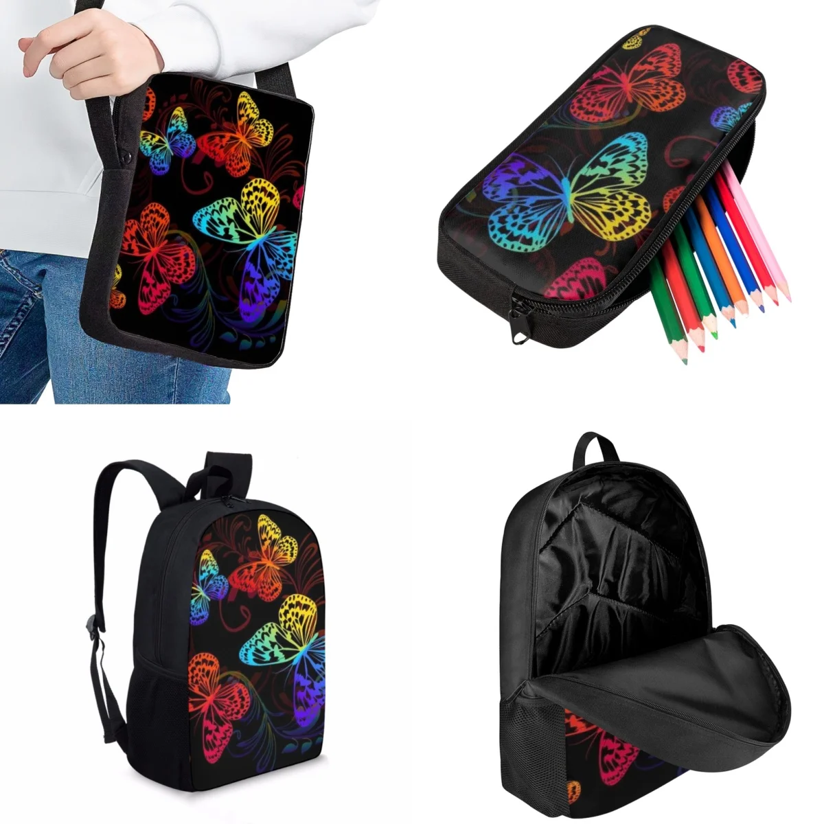 Jackherelook Simple Butterfly Pattern Printing Fashion Trend New Student School Bag Set Girls Backpack Practical Travel Backpack