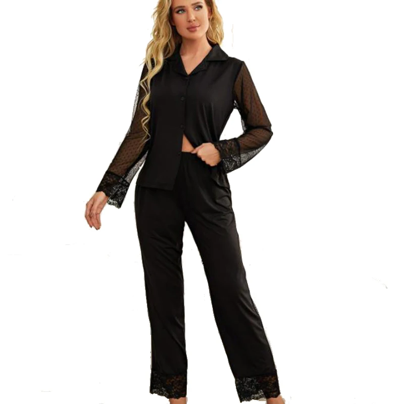 

2022 модная женская домашняя одежда, новинка, Лидер продаж, повседневные однотонные дышащие кружевные сетчатые брюки с отворотом и длинным ру...