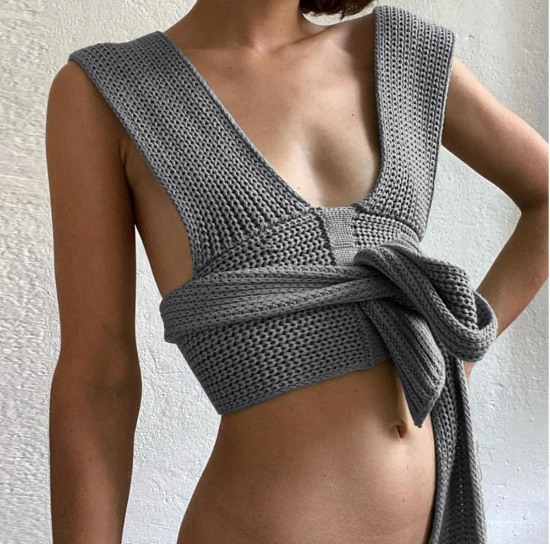 

2022 Spring Summer Bow Cross Strap Knitted Sweater Vest Women Sexy Crop Top DIY Tie Clothing Sleevless Jumpe Girl Sexy Gray