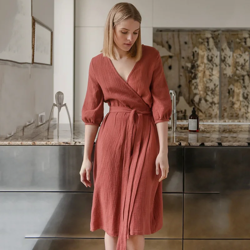 Women's Robe Pajamas Simple Loose Comfortable Bride Nightgown Five Quarter Puff Sleeves Cotton Solid Color Women's Sleepwear