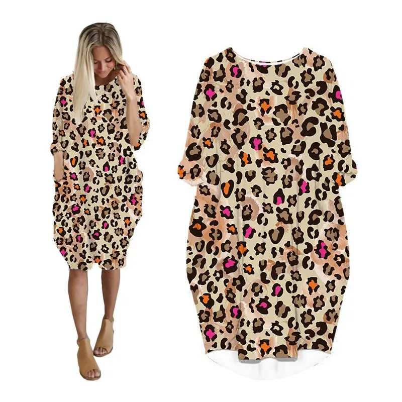 

midi womens dresses knitted long sleeve korean fashion woman clothing streetwear plus size ladies clothes female dress leopard