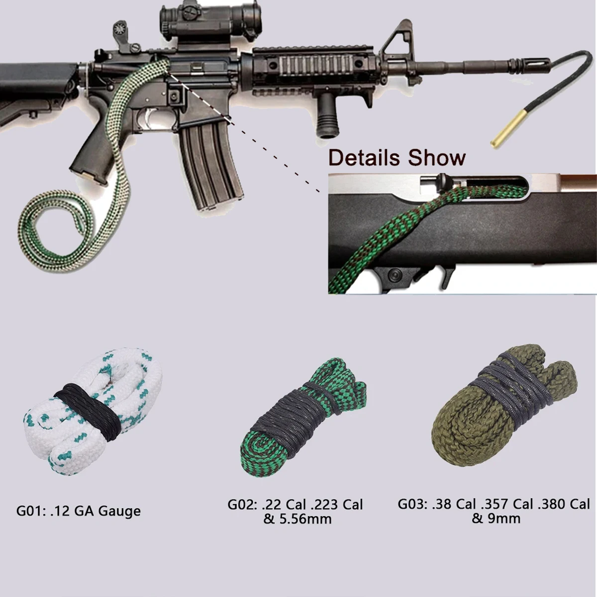 

Tactical Gun Cleaning Kit Hunting Gun Bore Cleaner CAL.22 .223 .38 5.56mm 7.62mm 12GA Rifle Pistol Barrel Cal Rope Brush