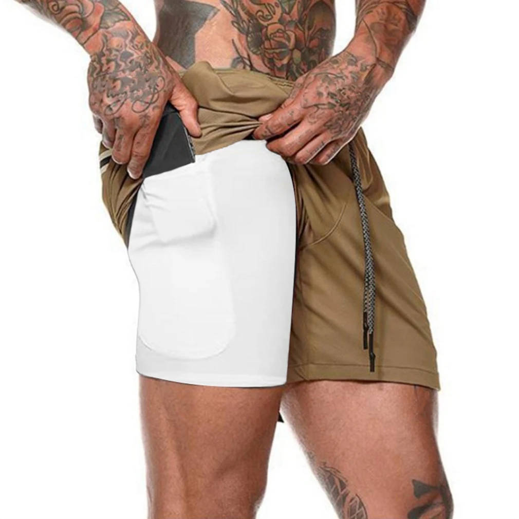 

Men's Double Layer Solid Color Shorts Plus Size Fitness Training Basketball Jogging Five-Point Pants Khaki M