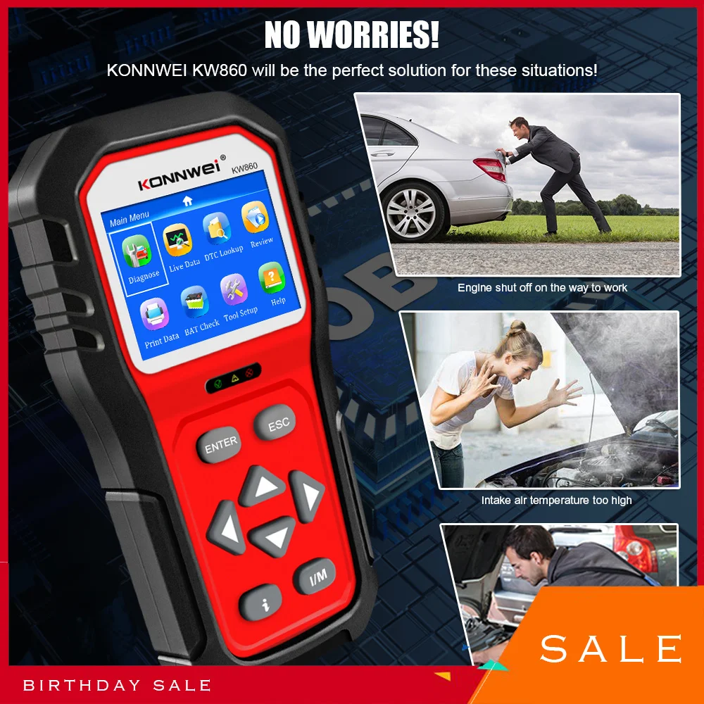 Автомобильный диагностический инструмент KONNWEI KW860 Obd2, профессиональный тестер и батарея, I/M готовая масляная лампа, считыватель кодов ошибок автомобиля