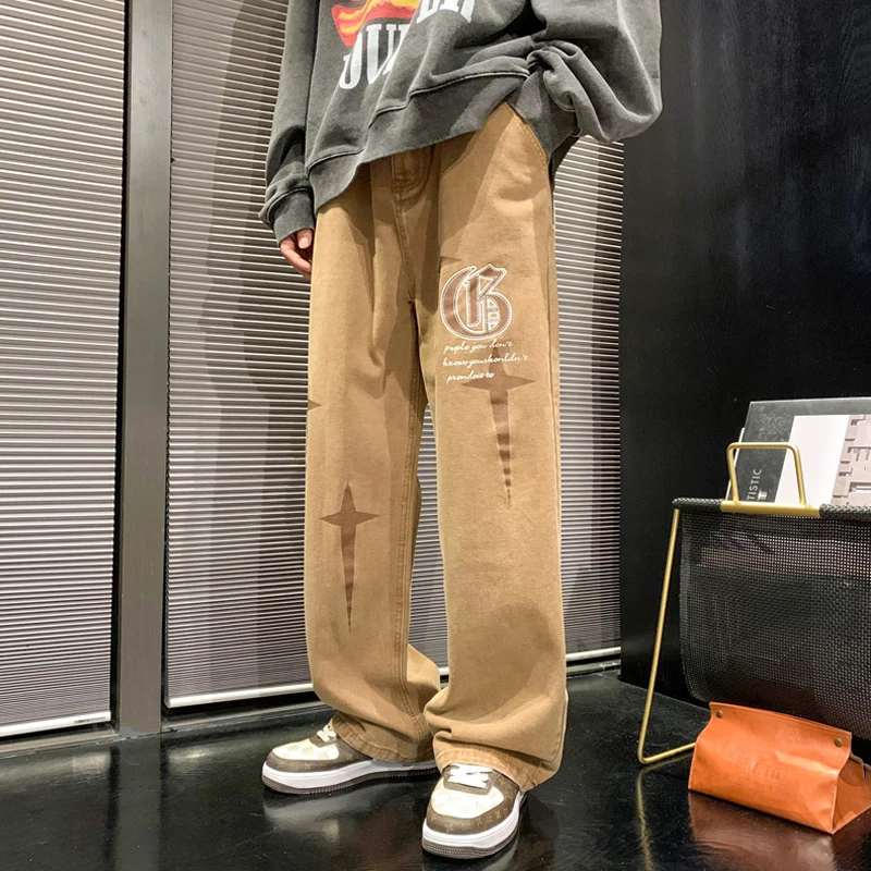 OEIN 2022 Vintage Men's Korean Denim Pants Y2K Cltohes Streetwear Printed Patchwork Male Baggy Jeans Straight Trousers For Men