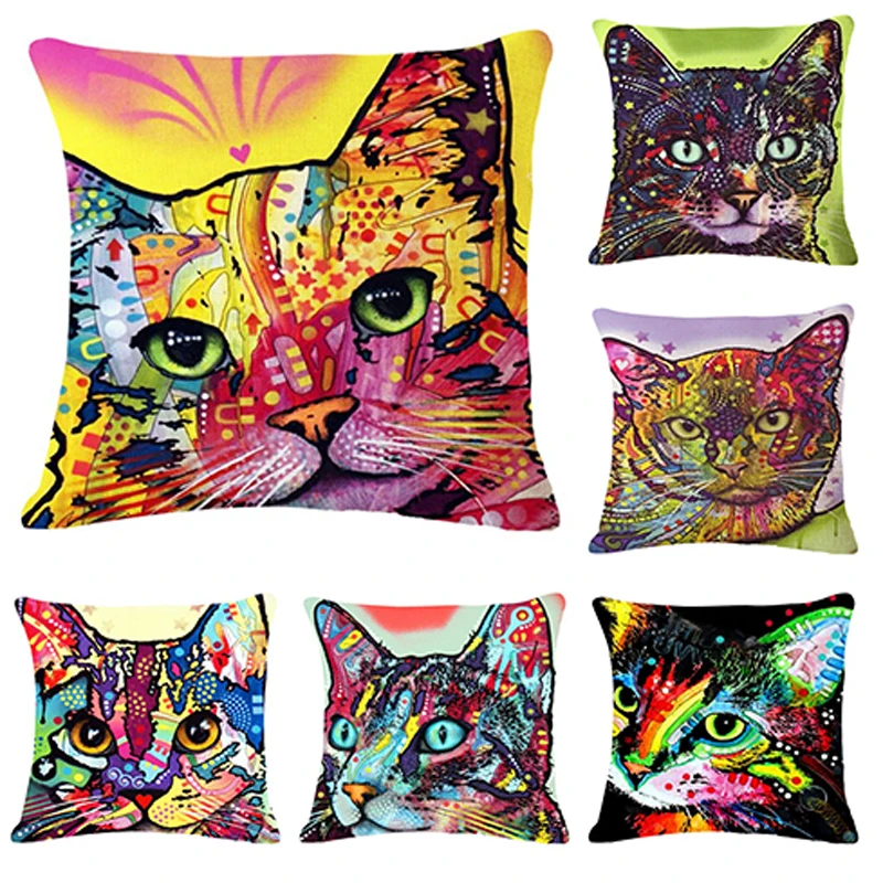 

Painted cat and dog pattern printed linen square pillow cushion cover car sofa office chair pillowcase home decoration ornaments