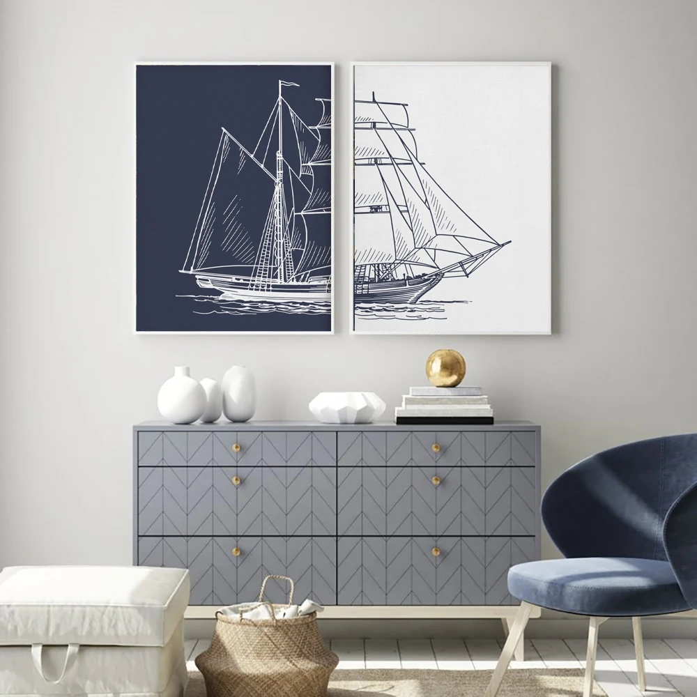 

Canvas Painting Wall Art Nordic Hand Painted Sailing Poster Nautical Boat Ship Navy Picture Print Living Room Home Decor