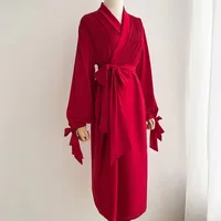 Red Wine Satin Chiffon Robes Bridesmaid Dresses Long Sleeves With Bows Dressing Gown For Wedding Bride Kimono Women's Nightie