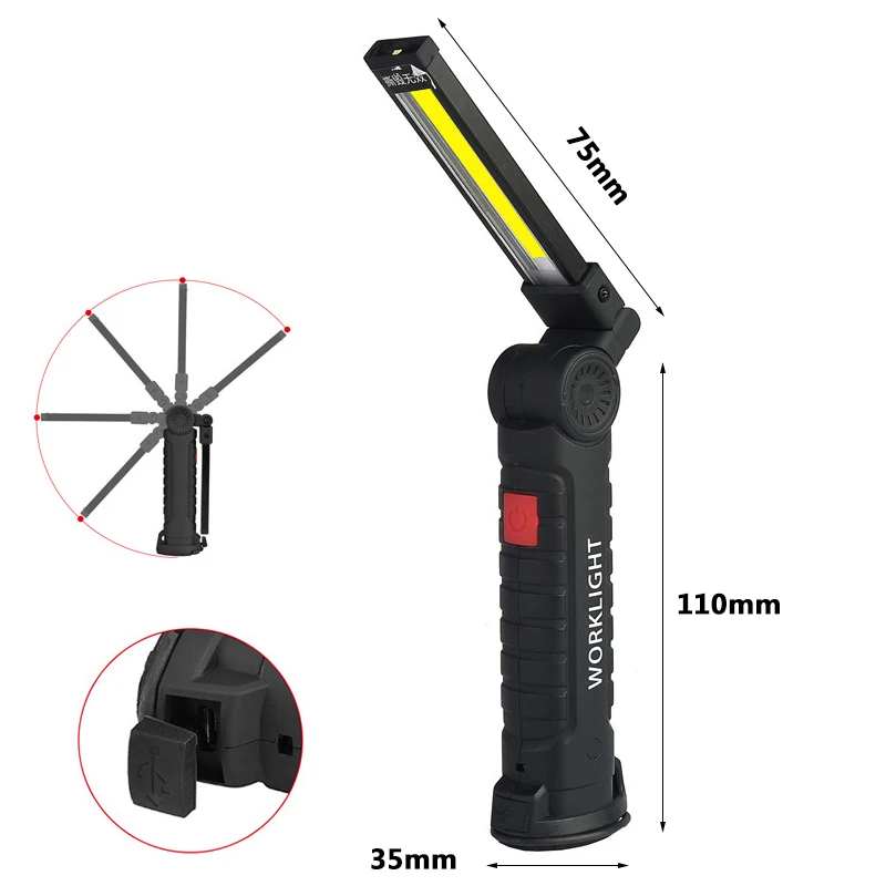 

USB Rechargeable LED Working Flashlight With Built-in Battery Set Multi Function Folding Light COB Camping Torch