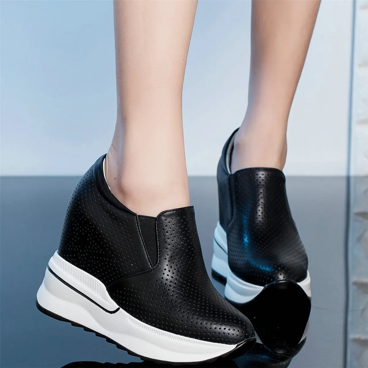 12cm Super High Heels Shoes Women Breathable Cow Leather Wedges Platform Pumps Female Round Toe Fashion Sneakers Casual Shoes