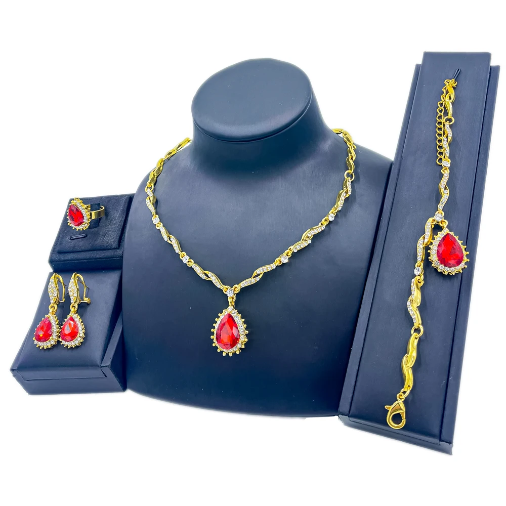 

Dubai Jewelry Sets Red Crystal Long Pendant Necklace Elegant Bridal Bracelet for Women Wedding Earrings Water Drop Ring
