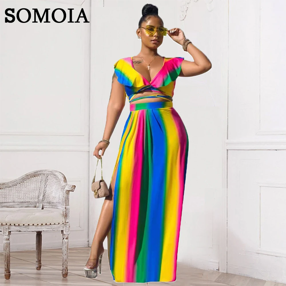 SOMOIA Summer Women Clothing 2 Pieces Set 2022 Sexy Grace Slim Fit V-Neck Party Prom Rainbow Dresses Wholesale Dropshipping