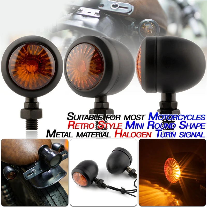

2PCS Metal Retro Motorcycle Turn Signal 12V Indicator Light Black Chrome Bullet Running Lights Amber Blinkers Universal