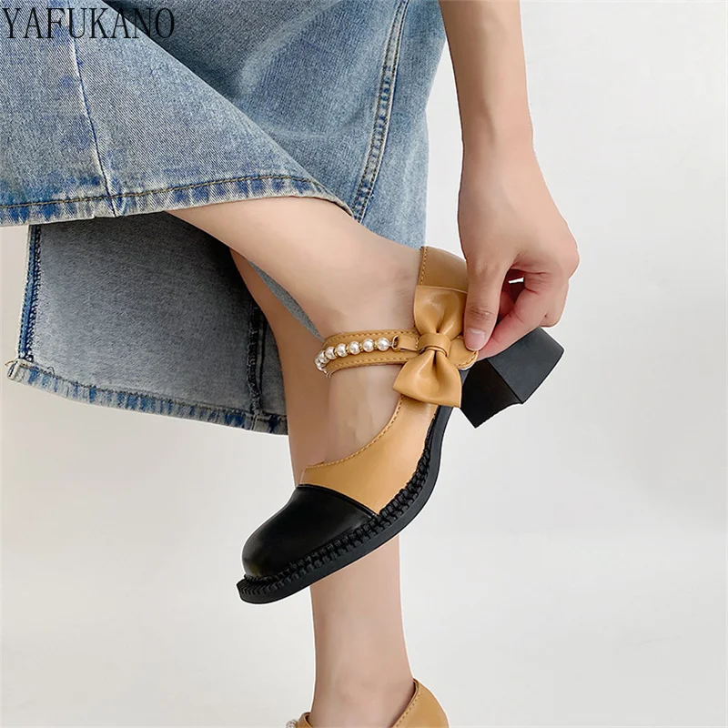 

Pearl Bow Decor Chunky Heeled Mary Jane Shoes Fashion Color Matching Design Square Toe High Heels Comfort Wild Party Dress Shoes