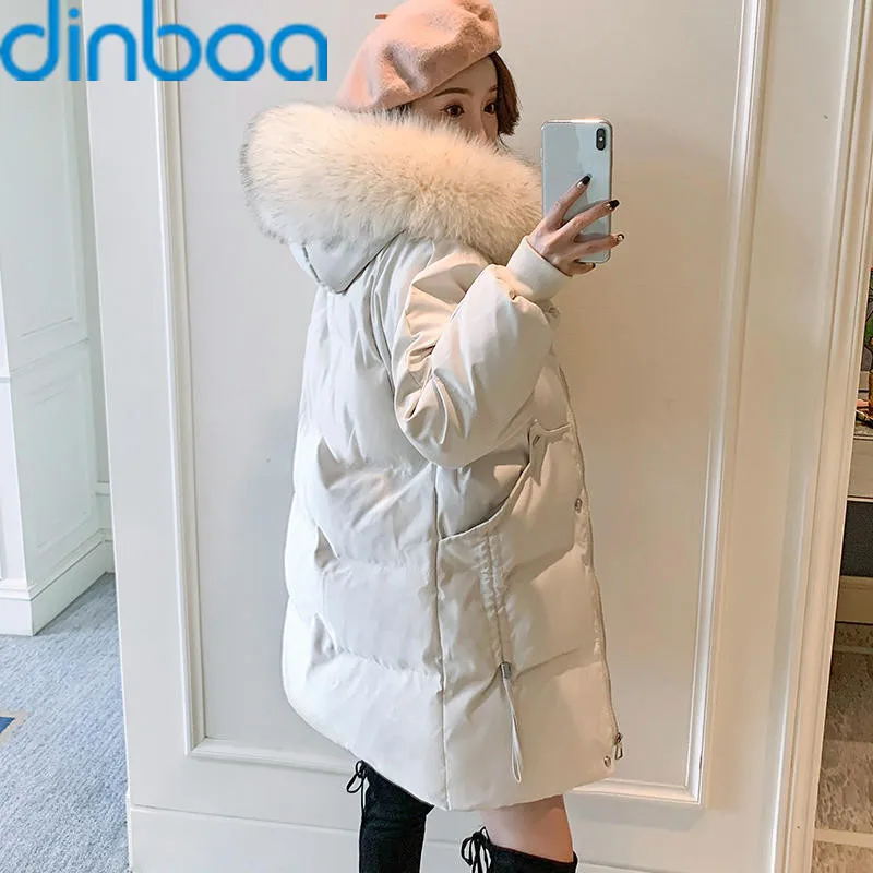 

Long dinboa Down Cotton Coat Casaco Feminino New Parkas Hooded LooseWarmThick Autumn Winter Jacket Women Padded Outerwear Solid