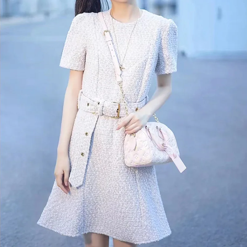 

Women French Hepburn Wind Tweed Dress with Belt Temperament Simple Sweet Round Collar Short Sleeve Korea Elegant Chic Dress