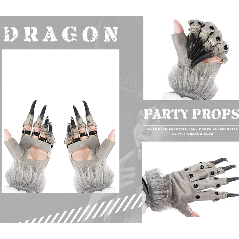 

Gothic Punk Faux Fur Leather Gloves Long Nails Five Finger Mittens Cosplay Patchwork Halloween Prom Party Props Accessories