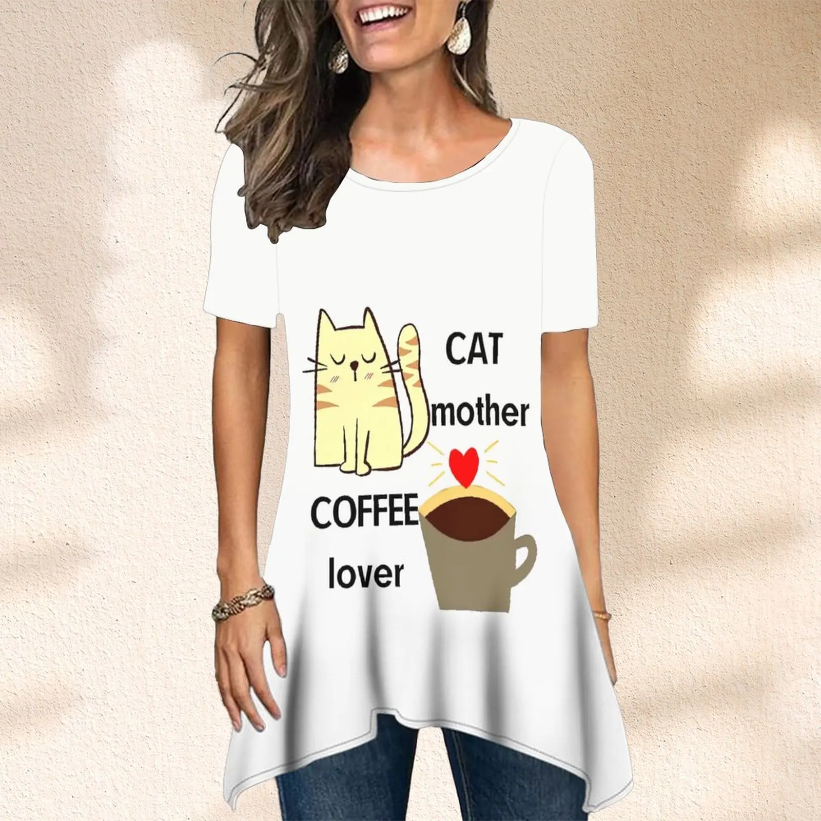 

T Shirt New Design Print Casual Ladies Vintage Cat Mother Coffee Lover Print Tops Summer Short Sleeve Women's Fashion Tee Shirt