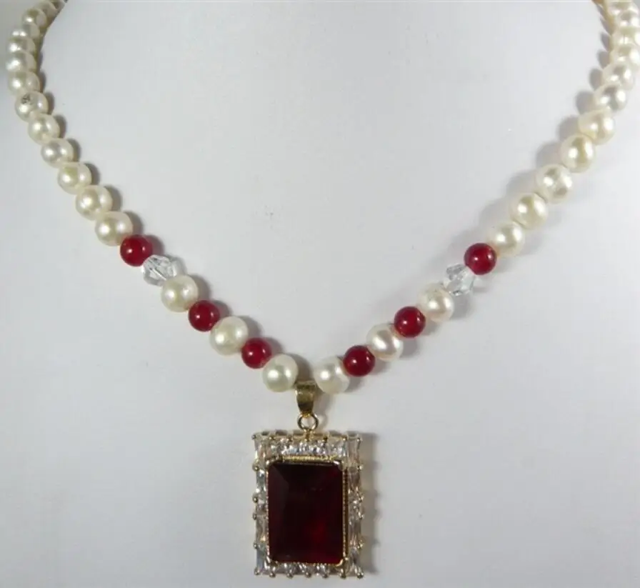 

Natural Genuine 7-8MM Freshwater Pearl red jade bead Necklace+crystal Pendant