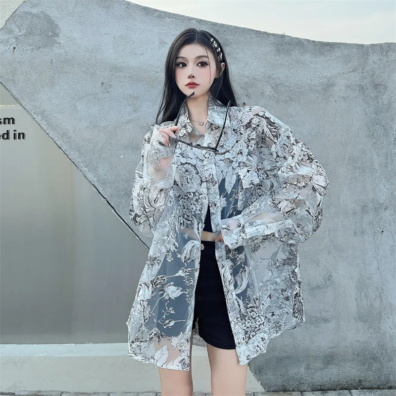 

SuperAen New Chinese Ink Printing Hollow Loose Shirt Summer Sunscreen Clothing Shirts