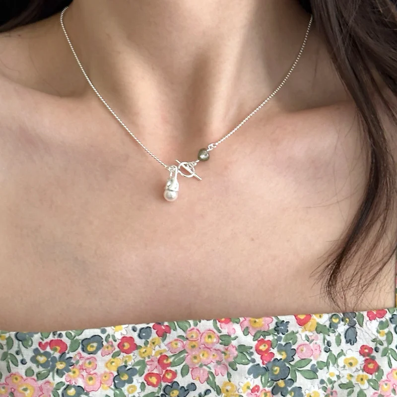 

925 Sterling Silver OT Buckle Small Light Bulb, Original Stone Pearl Necklace, Female Simple and Design, Natural