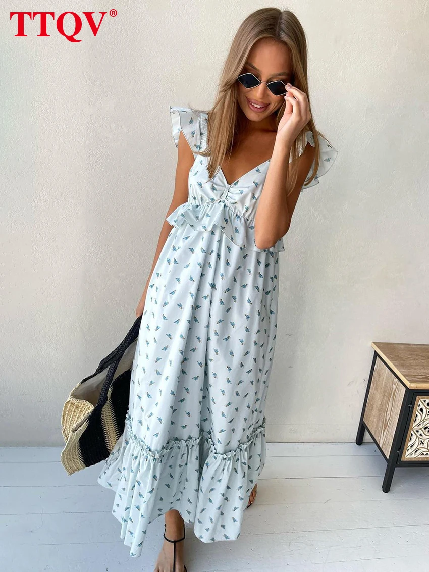 

TTQV Elegant Blue Slip Women'S Dress 2023 Summer Casual Floral Print V-Neck Ruffle Female Dresses Fashion Loose New In Dresses