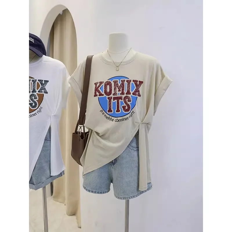 

Cotton Short Sleeve T-shirt Women's Summer 2023 Irregular Bottom Round Neck Top Large Women's Tees