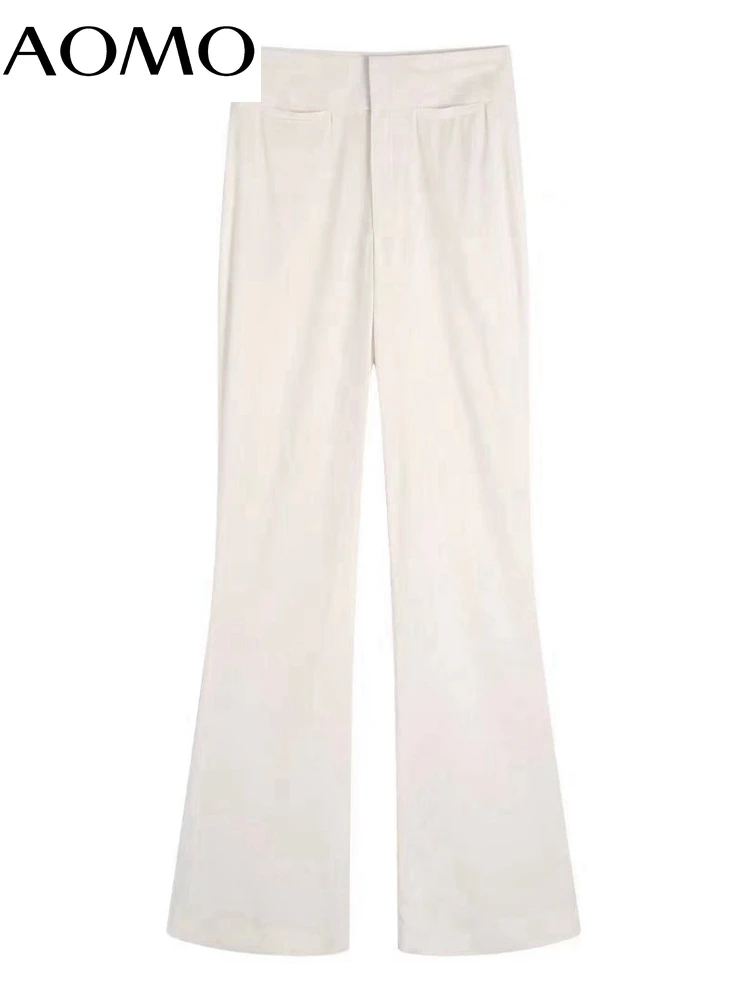 

AOMO Women Fashion White Pockets Wide Leg Pants Vintage High Waist Zipper Fly Female Trousers BE525A