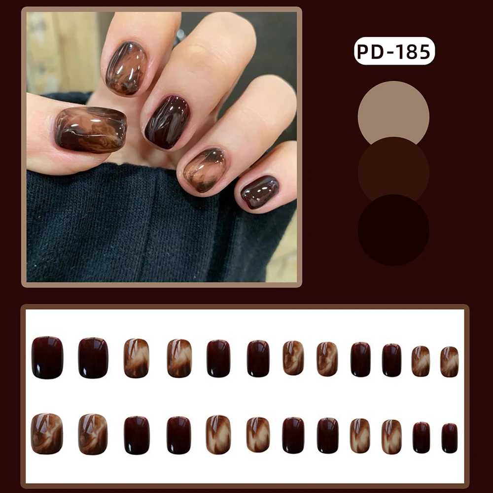 

24PCS Short Press on Nail Brown Halos Staining Design Full Coverage Nails Removable with Jelly Gel/Glue Fake Nails SUB Sale