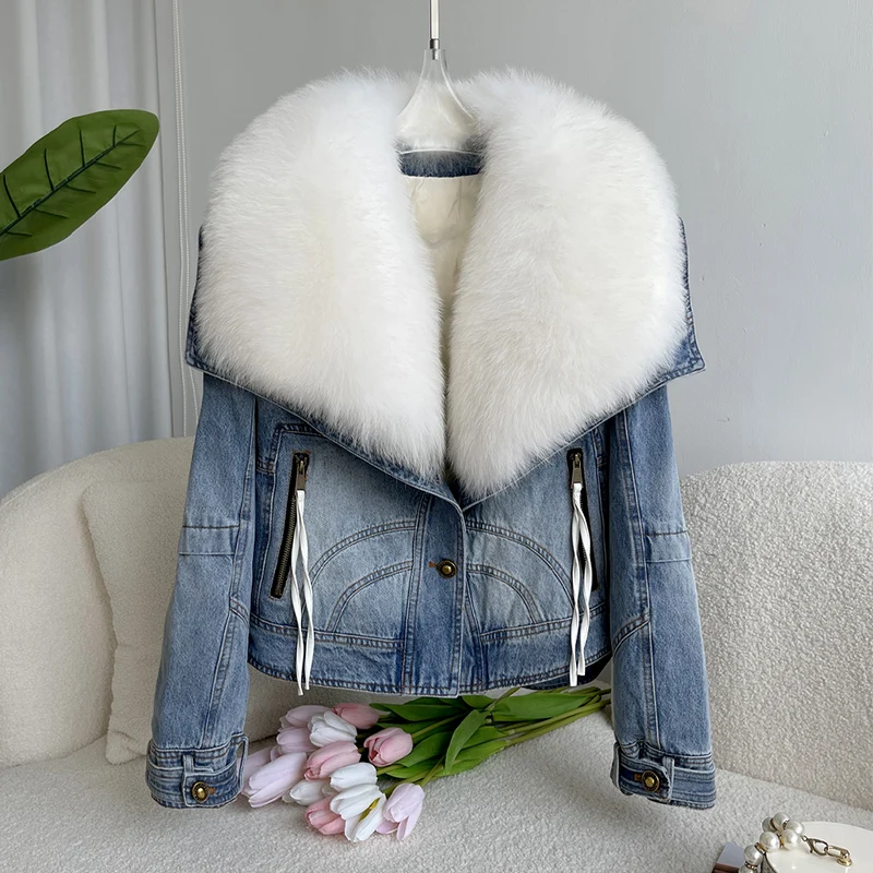 

European Goods Niche Design Sense Parka Oversized Fox Fur Detachable Denim Fur Coat Women's Short Goose Down Jacket
