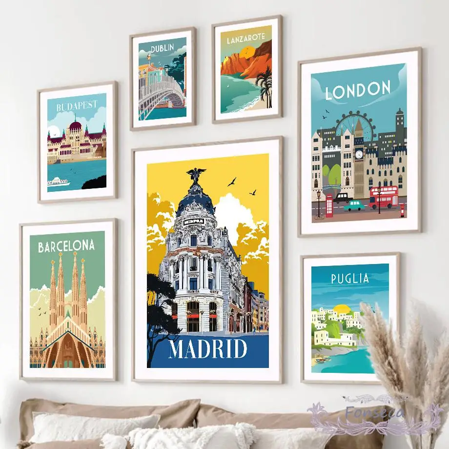 

Nordic Cartoon Travel City Scenery Canvas Painting Madrid London Monaco Dublin Barcelona New Zealand Poster Wall Art Pictures
