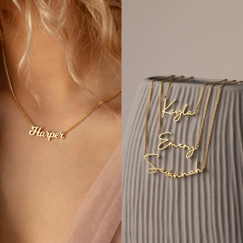 

Stainless Steel Name Necklace Customized Fashion Personalized Letter Gold Color Choker Cuban Chain Necklace Nameplate Gifts