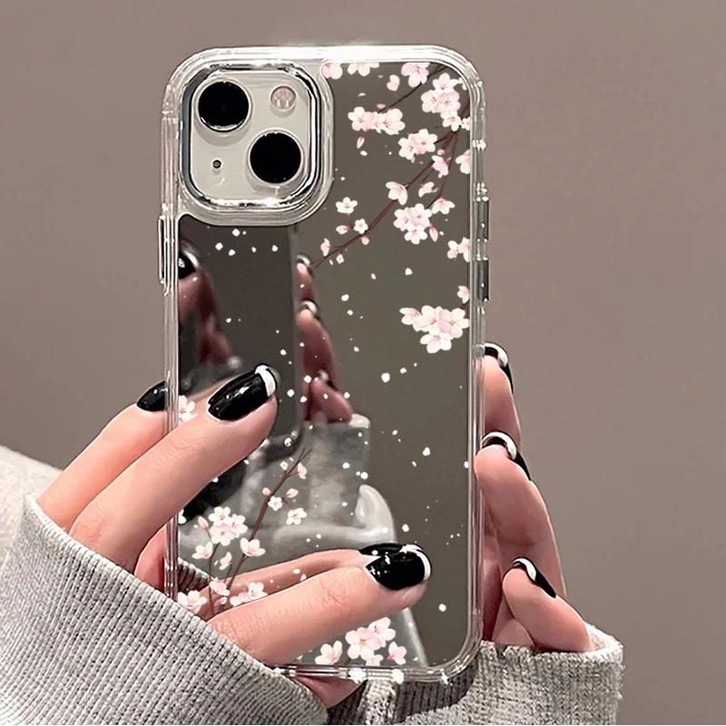 Фото Розовый чехол-зеркало с узором вишневого цвета для iPhone 11 12 13 14 15 Pro Max 16 Plus 17 Pro Max 16E – модная задняя крышка с зеркалом для макияжа №1